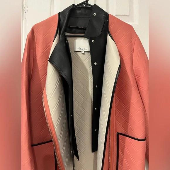 3.1 Phillip Lim Coral and Black Neoprene & Leather Coat - Picture 7 of 13